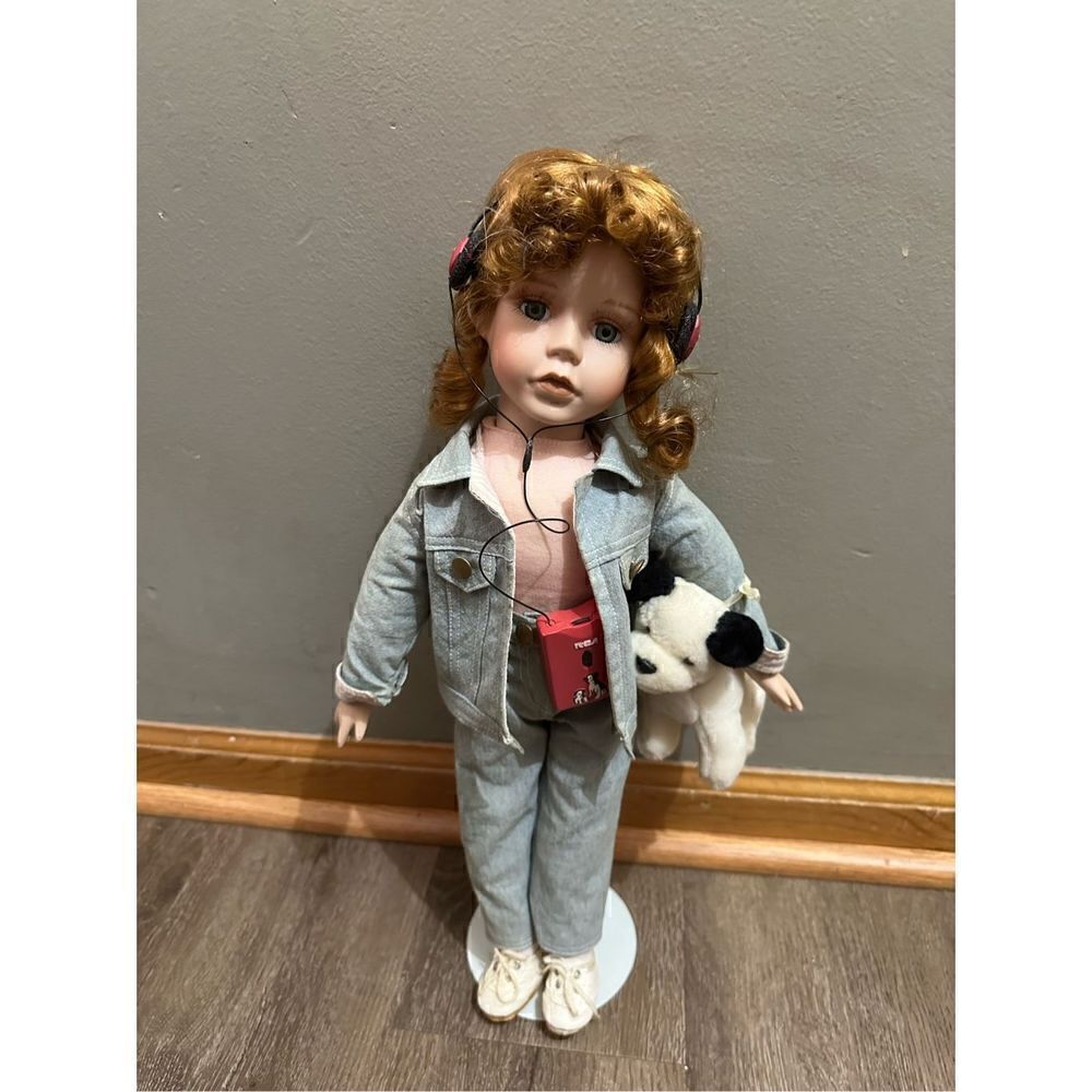 Vintage RCA Baby’s Dream Collection Porcelain Doll with Dog and Headphones 18”